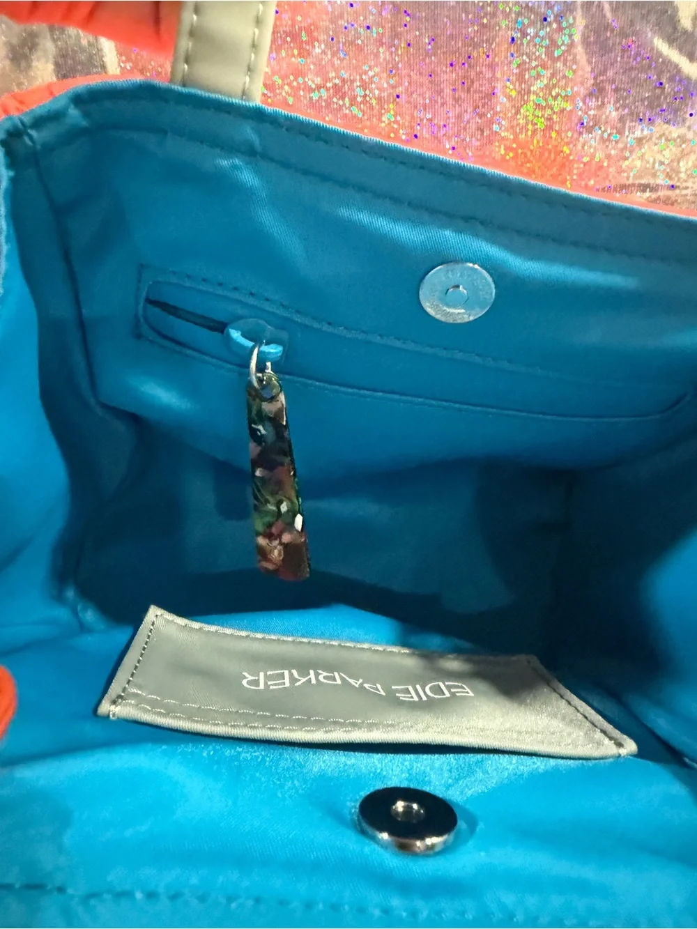 Edie Parker Neon Coral Mini Tote Crossbody Bag Orange Blue Nylon